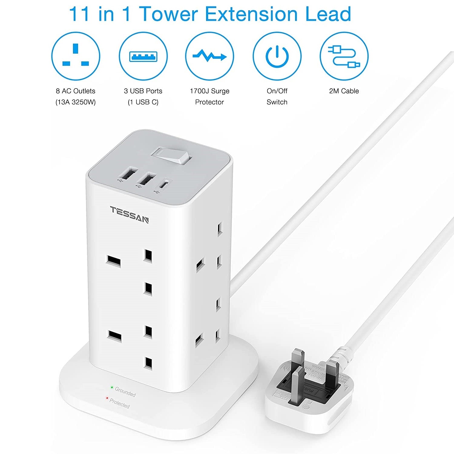 TESSAN - SG Safety Mark Tower Plug with 8 Sockets & USB Port , White