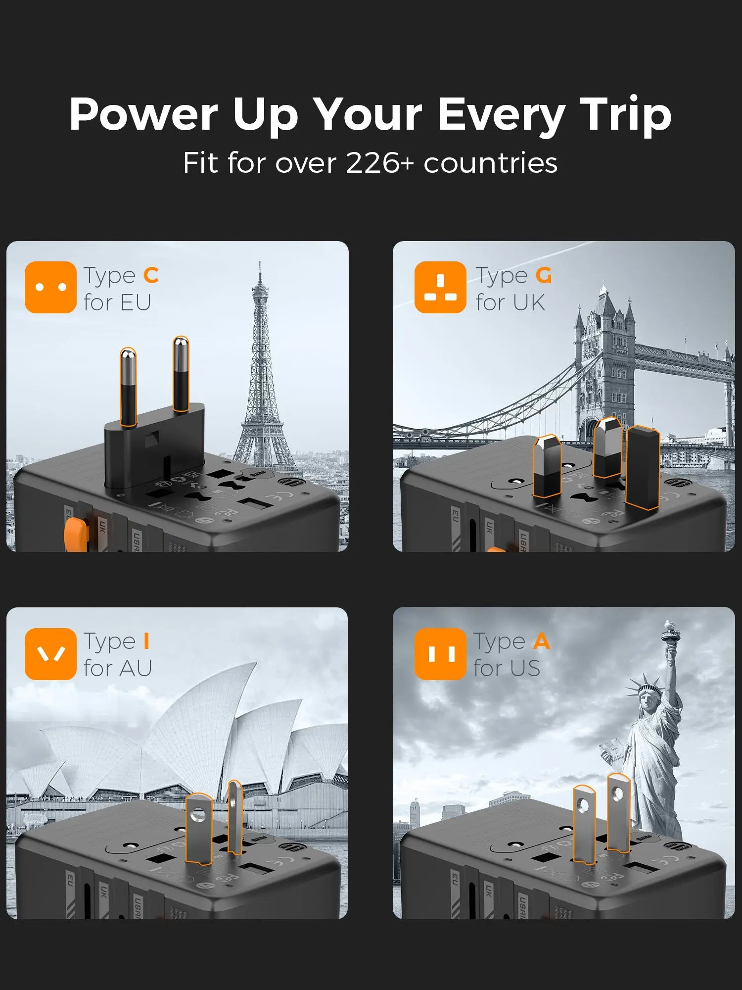 TESSAN - International 15W Plug Adaptor with 1 USB C and 2 USB Charging Ports
