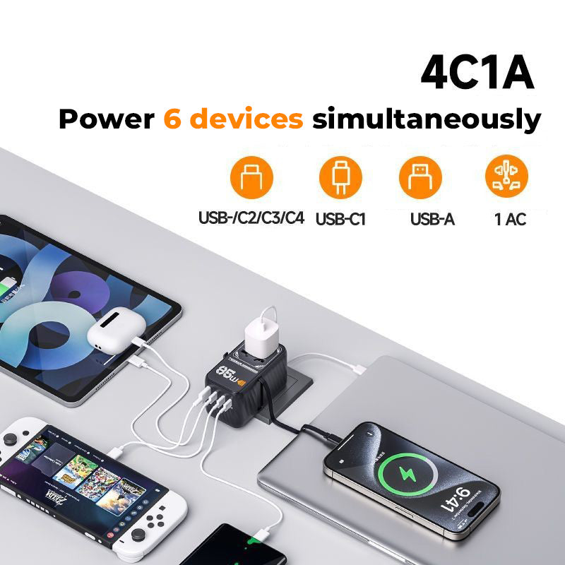 TESSAN - Universal 85W International Travel Adapter with Built-in USB-C 75cm Cable 1A4C / 636EFW 85W