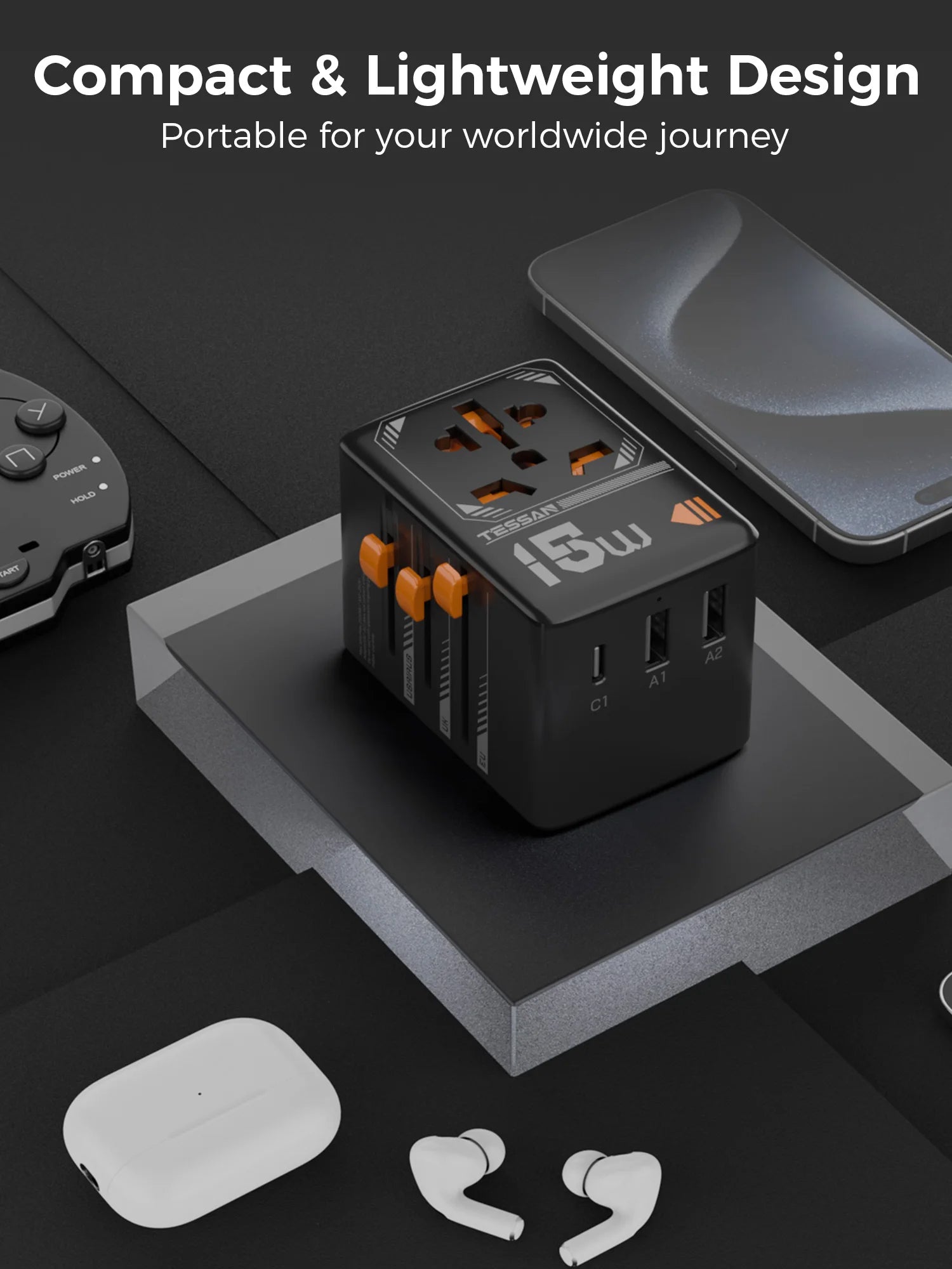 TESSAN - International 15W Plug Adaptor with 1 USB C and 2 USB Charging Ports