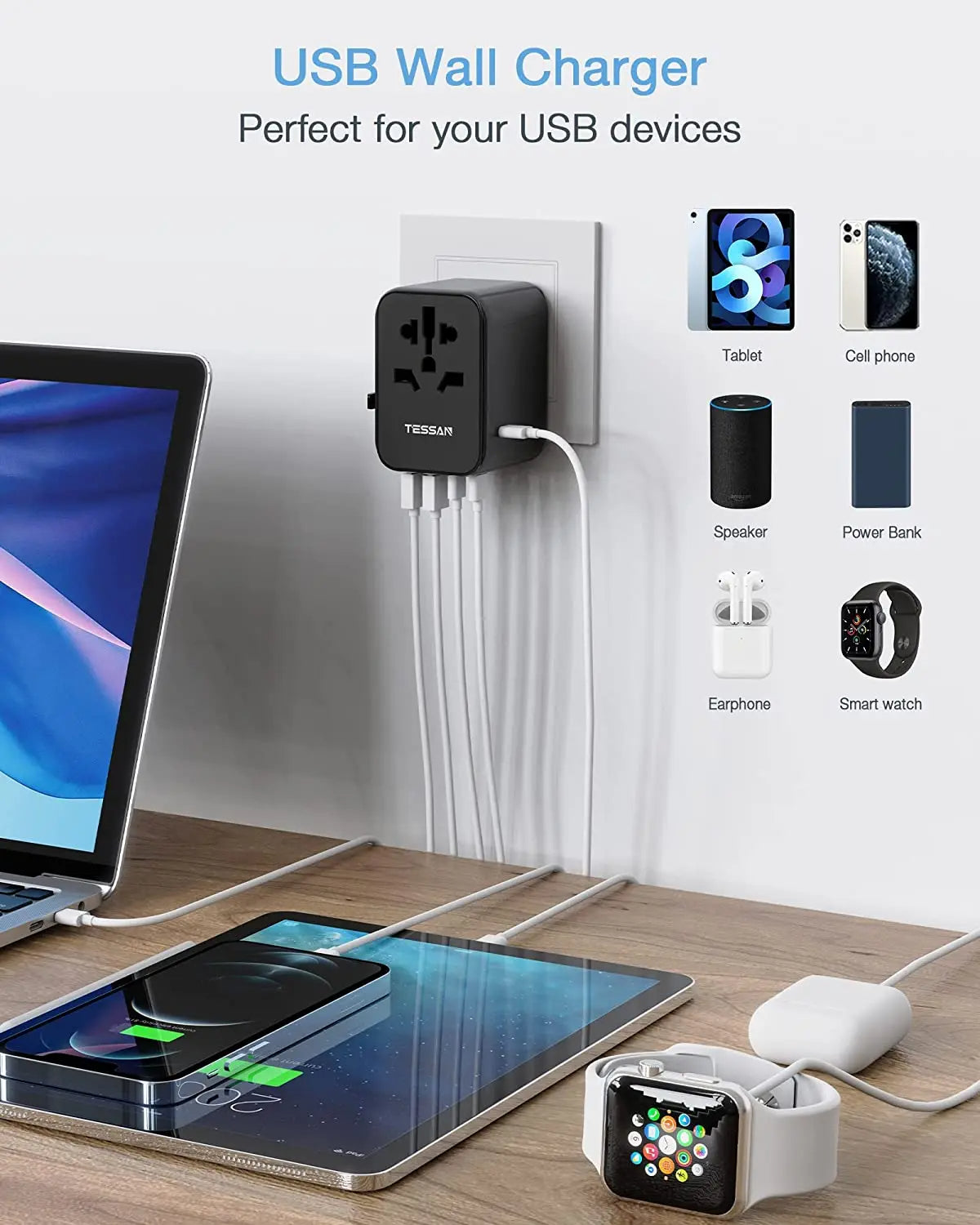 TESSAN - Universal Travel Plug 28W, international Power Adapter , Black