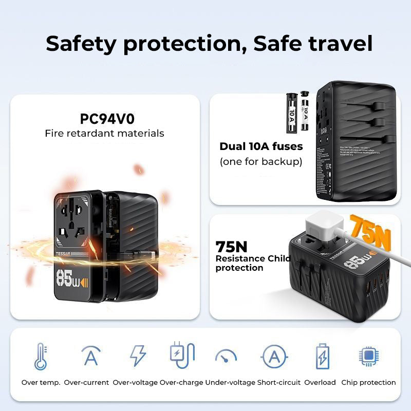 TESSAN - Universal 85W International Travel Adapter with Built-in USB-C 75cm Cable 1A4C / 636EFW 85W