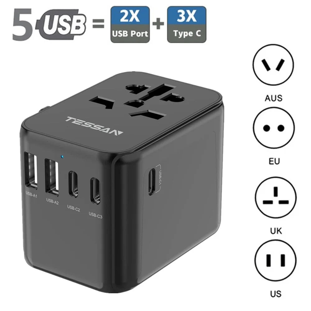 TESSAN - Universal Travel Plug 28W, international Power Adapter , Black