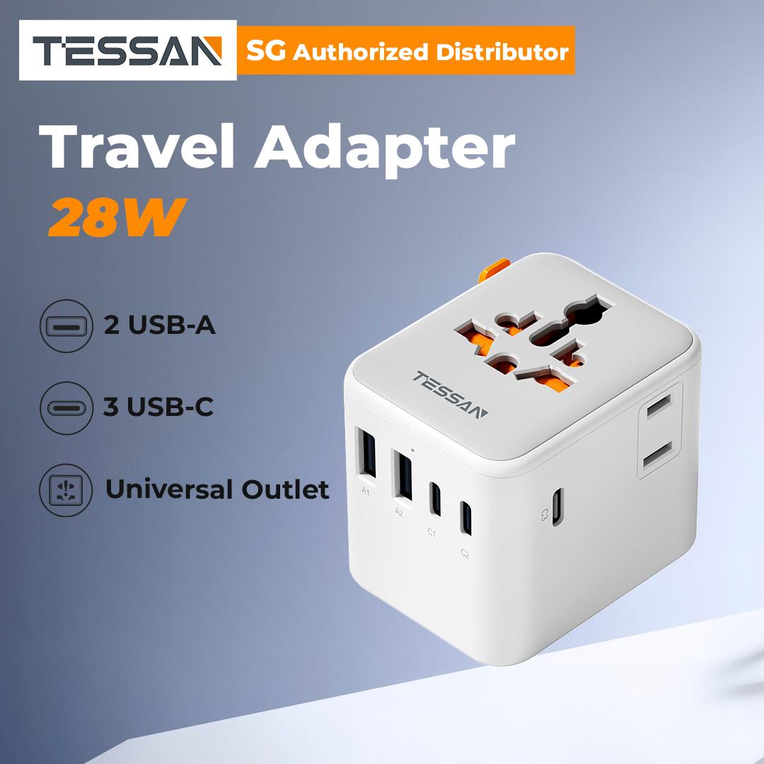 TESSAN - International 28W Plug Adaptor 2 AC with 3 USB C and 2 USB A Charging Ports