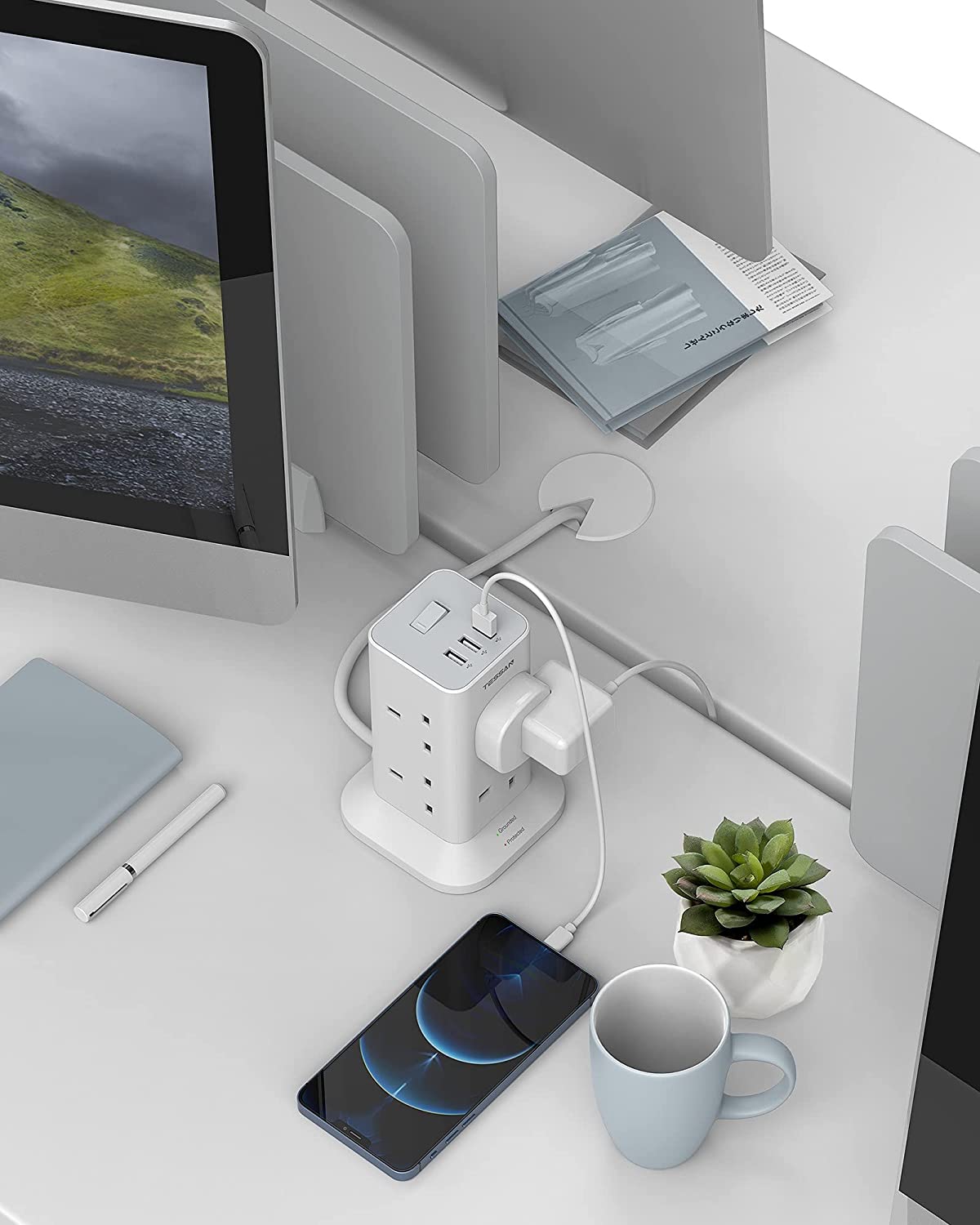 TESSAN - SG Safety Mark Tower Plug with 8 Sockets & USB Port , White