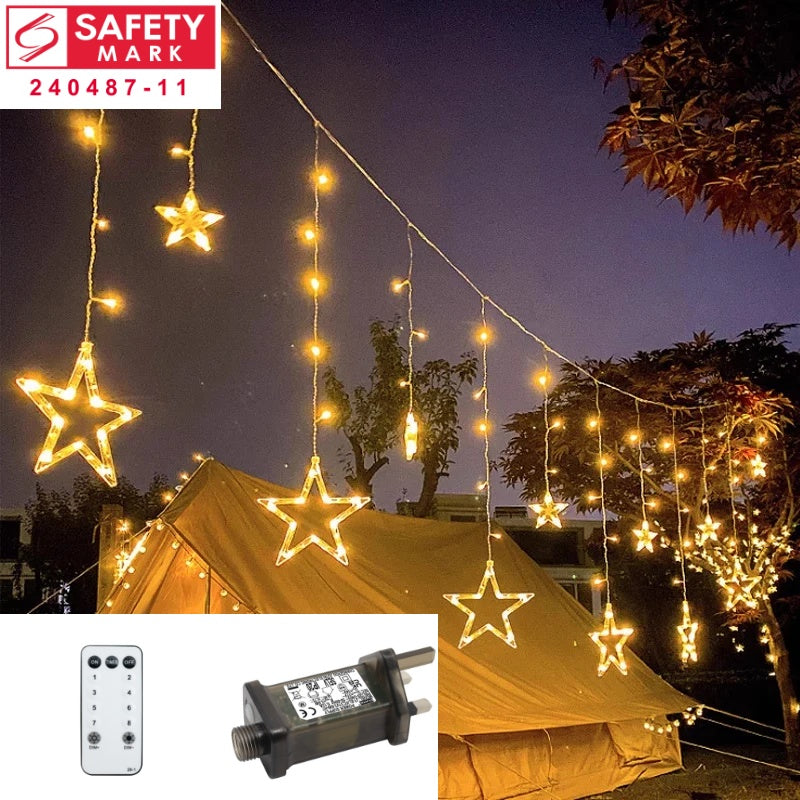 SG Safety Mark - 31V 12 Stars icicle Led Fairy Curtain Lights , Warm with Remote