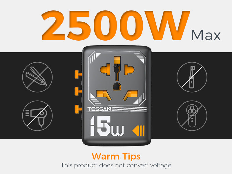 TESSAN - International 15W Plug Adaptor with 1 USB C and 2 USB Charging Ports