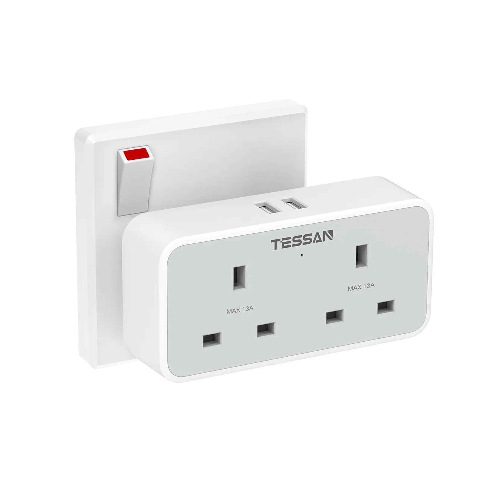 TESSAN - 2 Gangs Outlet Wall Socket Multi Plug Extension Wall Adapter 2 USB-A / TS 225-GR