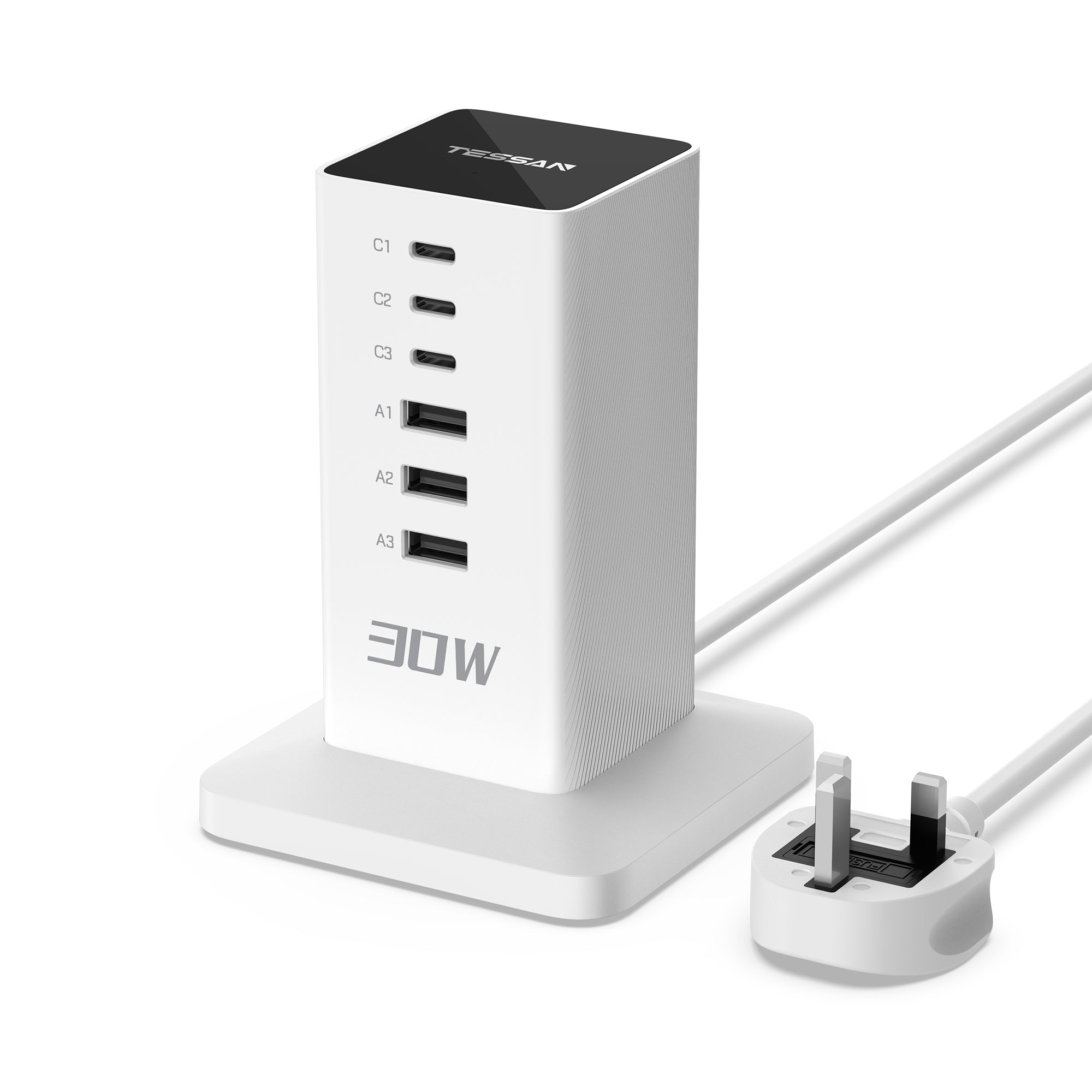 TESSAN - 30W Desktop Charging Station 6-Port Charging Hub With USB C for Multi Devices, White