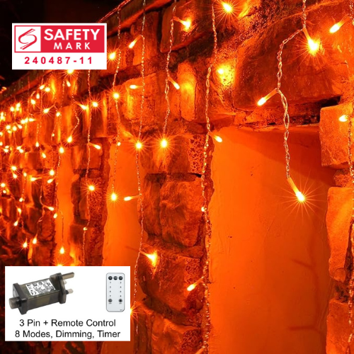 SG Safety Mark - 31V 6 Meters Width 100 Led icicle Led Fairy Curtain Light, Orange