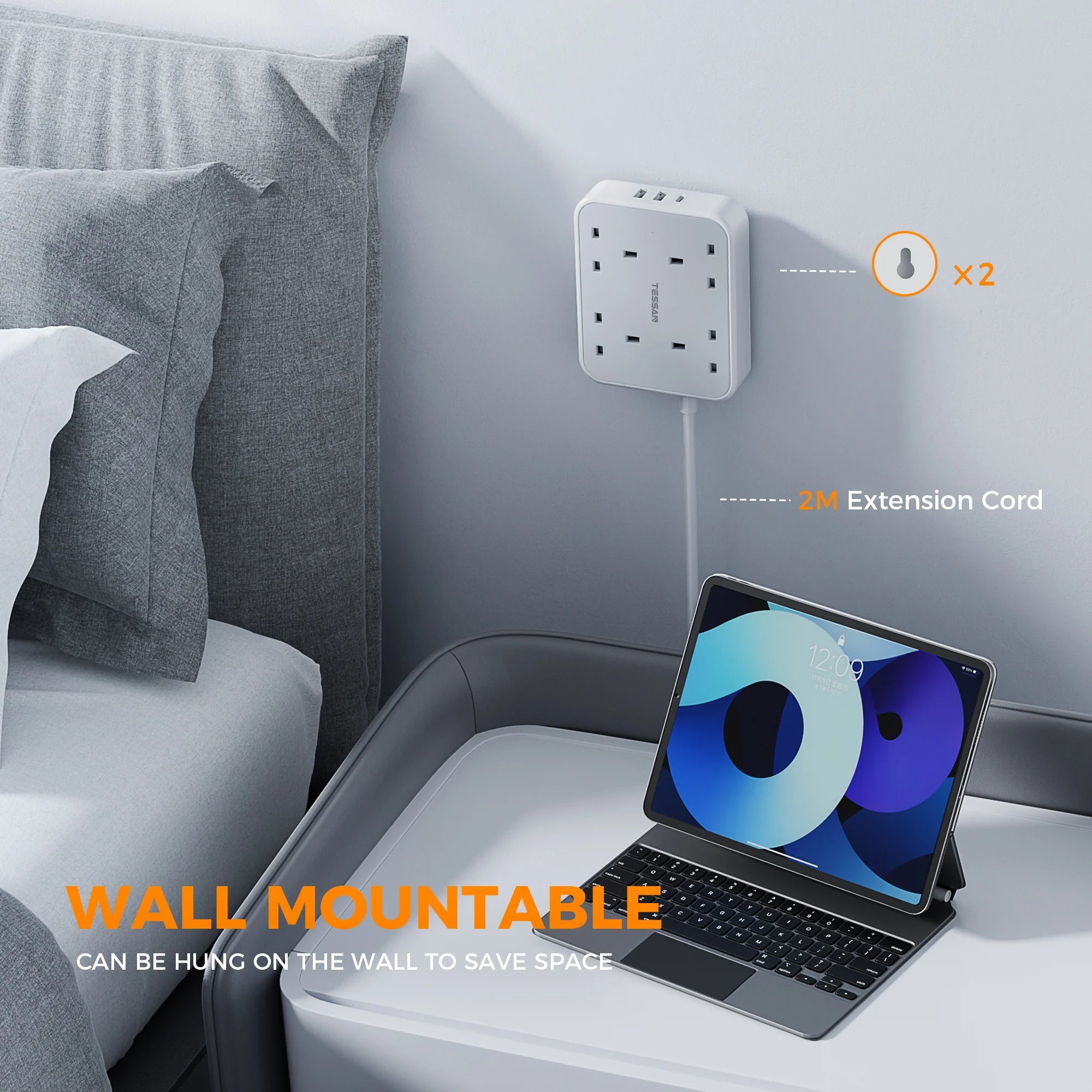 TESSAN - 4 Ways Extension Cords Leads with USB C Flat Long Power Strips Surge Protector