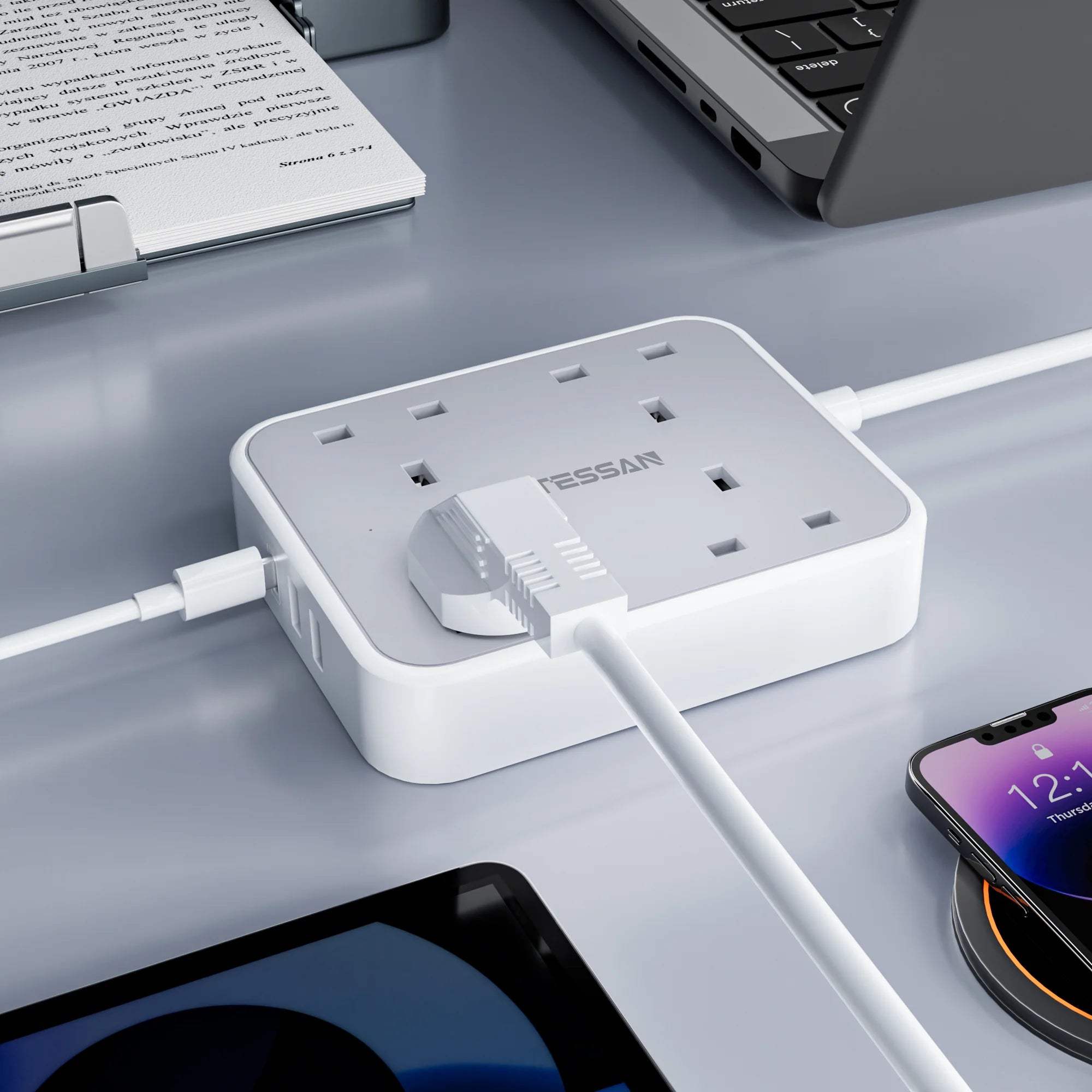 TESSAN - 4 Ways Extension Cords Leads with USB C Flat Long Power Strips Surge Protector
