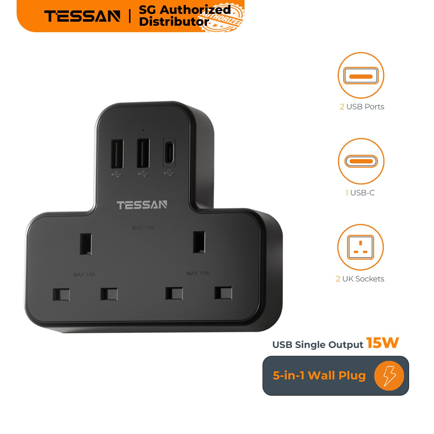 TESSAN - SG Safety Mark 5 in 1 Portable Sockets with USB Ports , Black