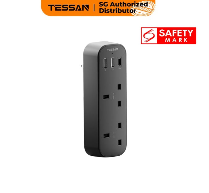 TESSAN - SG Safety Mark Multi Double Plug with 2 USB and 1 C Port , Black