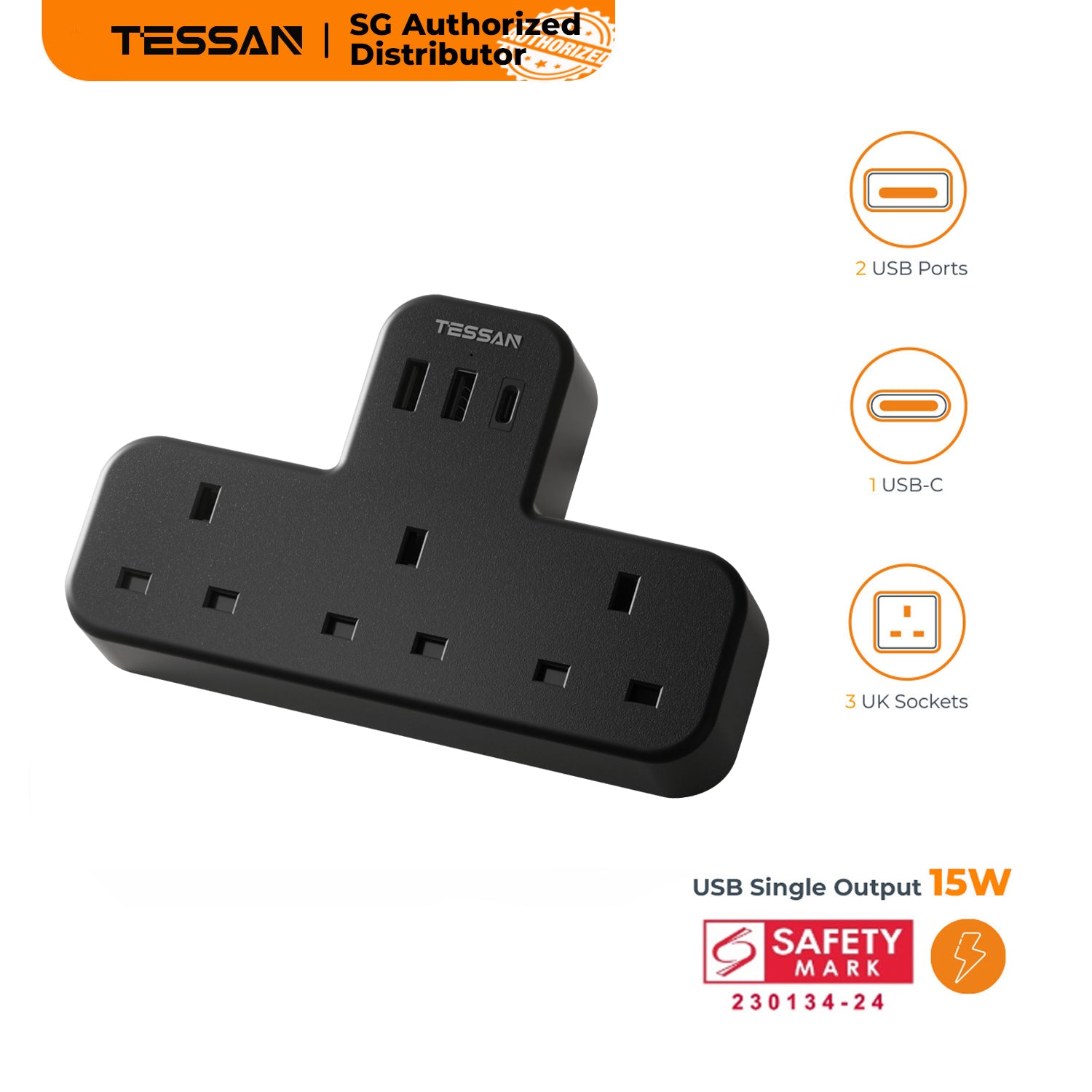 TESSAN - SG Safety Mark 6 in 1 Portable Sockets with USB Ports , Black