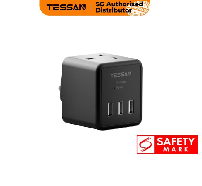 TESSAN - SG Safety Mark 5 in 1 Cube Wall Plug Extension 2 AC sockets , Black