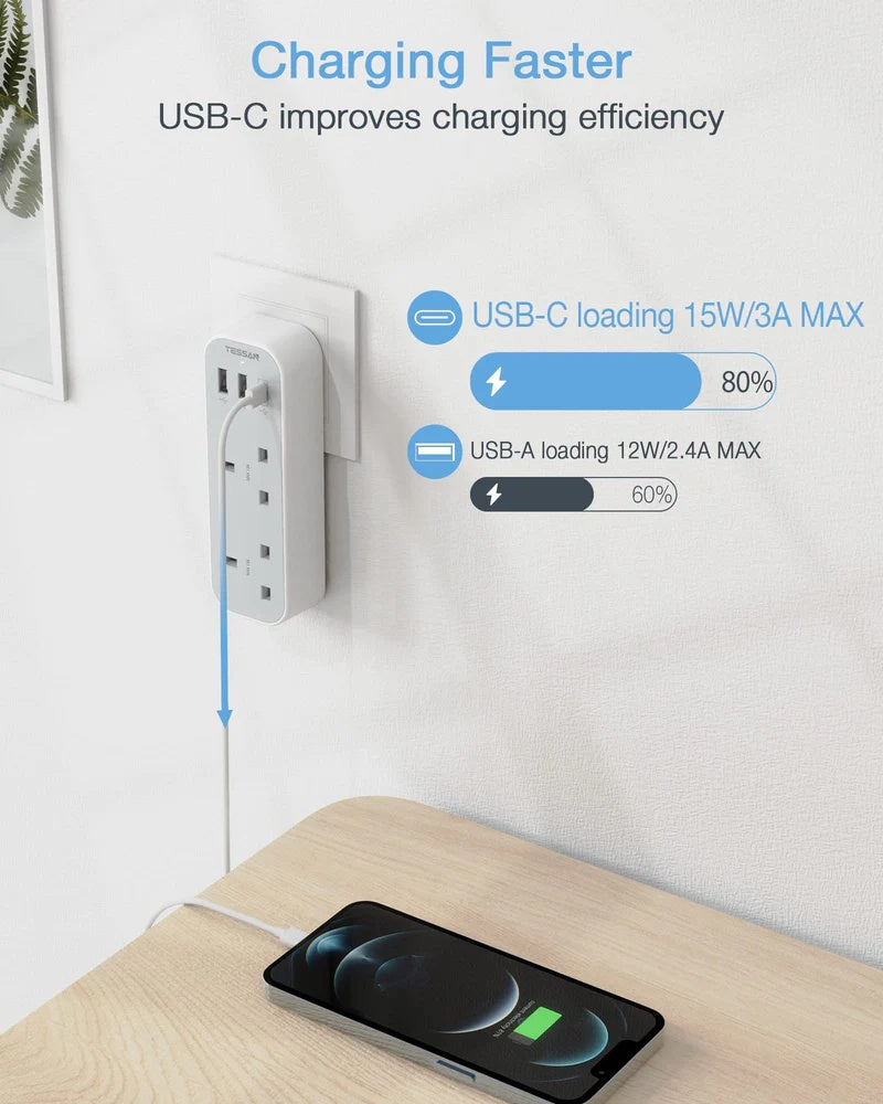 TESSAN - SG Safety Mark Multi Double Plug with 2 USB and 1 C Port , Black