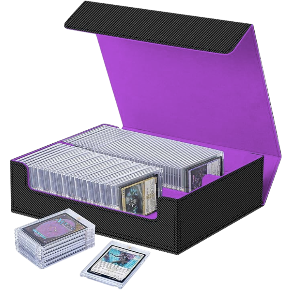 2 Rows Trading Card Storage Box Covered Top - Organizer for Magnet Case for Magic the Gathering Pokemon YuGiOh Sports Cards, Leather MTG TCG PTCG