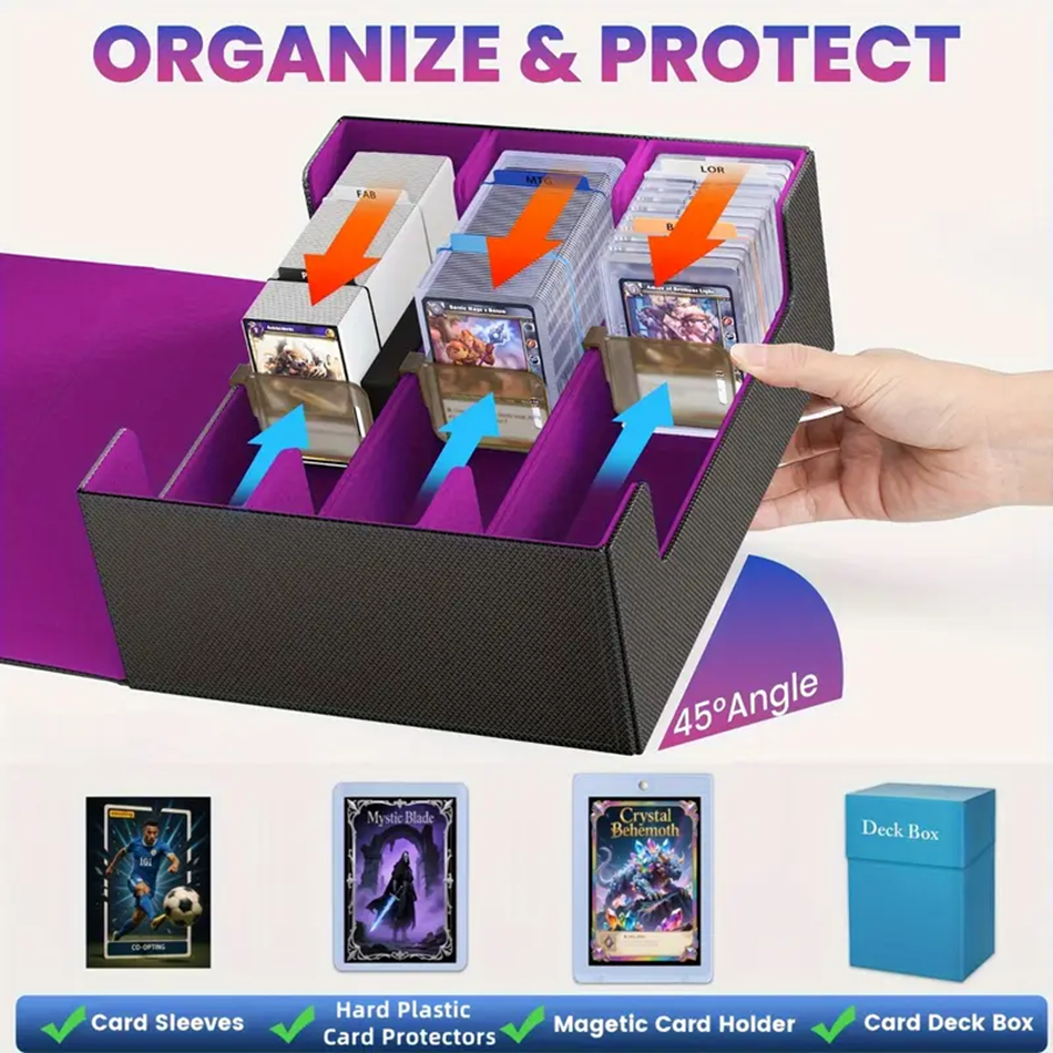 3 Rows Trading Card Storage Box Top Covered - 2400+ Commander Deck Case for Magic the Gathering Pokemon YuGiOh Sports Cards, Leather MTG TCG PTCG with 12 PVC Dividers 4 Card Supporters