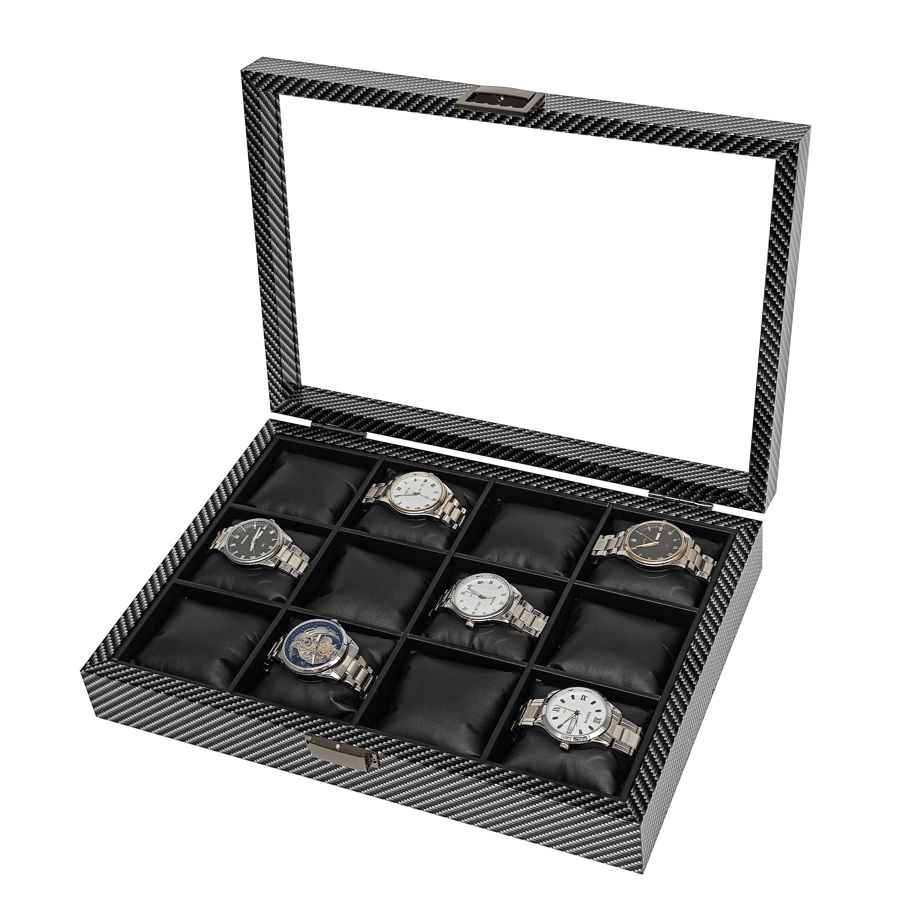 12 Slots Carbon Print Wooden Watch Jewelry Box Soft Cushions