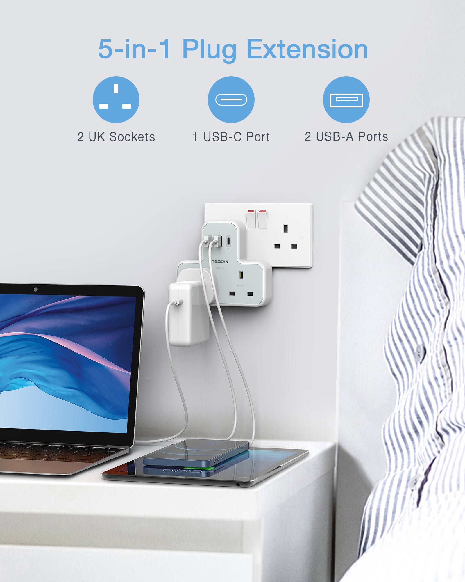 TESSAN - SG Safety Mark 5 in 1 Portable Sockets with USB Ports , White