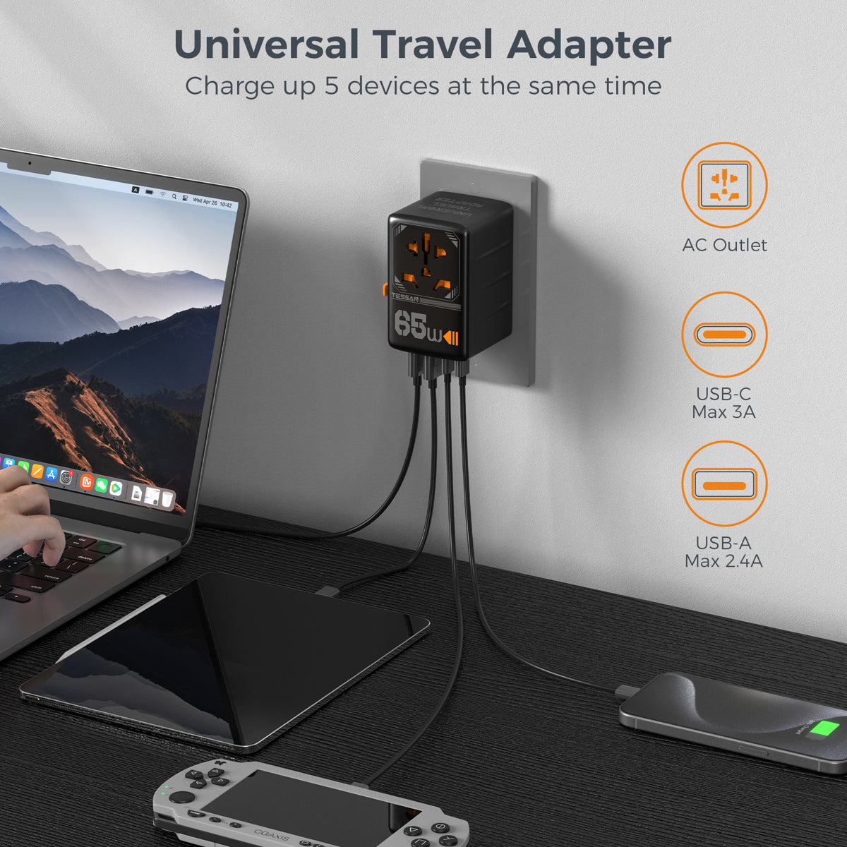 TESSAN - International 65W GaN Plug Adaptor with 2 USB C and 2 USB A Charging Ports