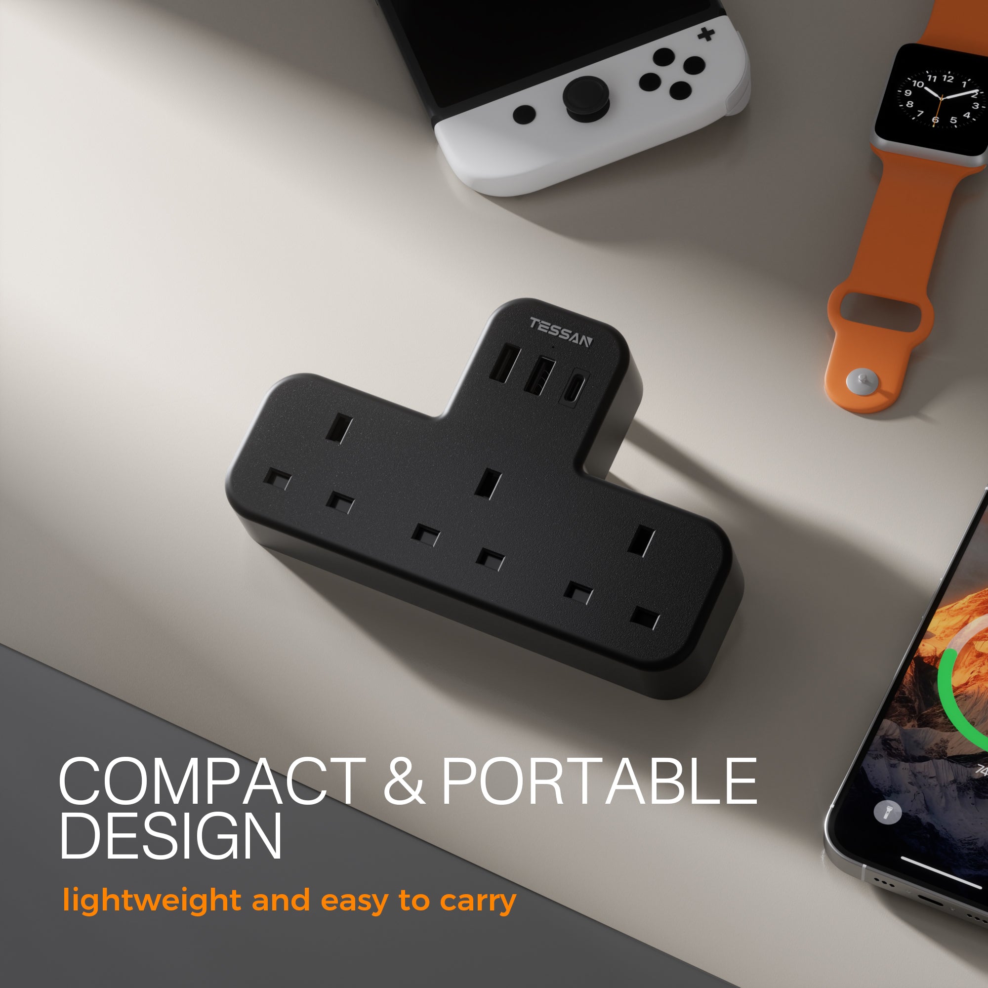 TESSAN - SG Safety Mark 6 in 1 Portable Sockets with USB Ports , Black