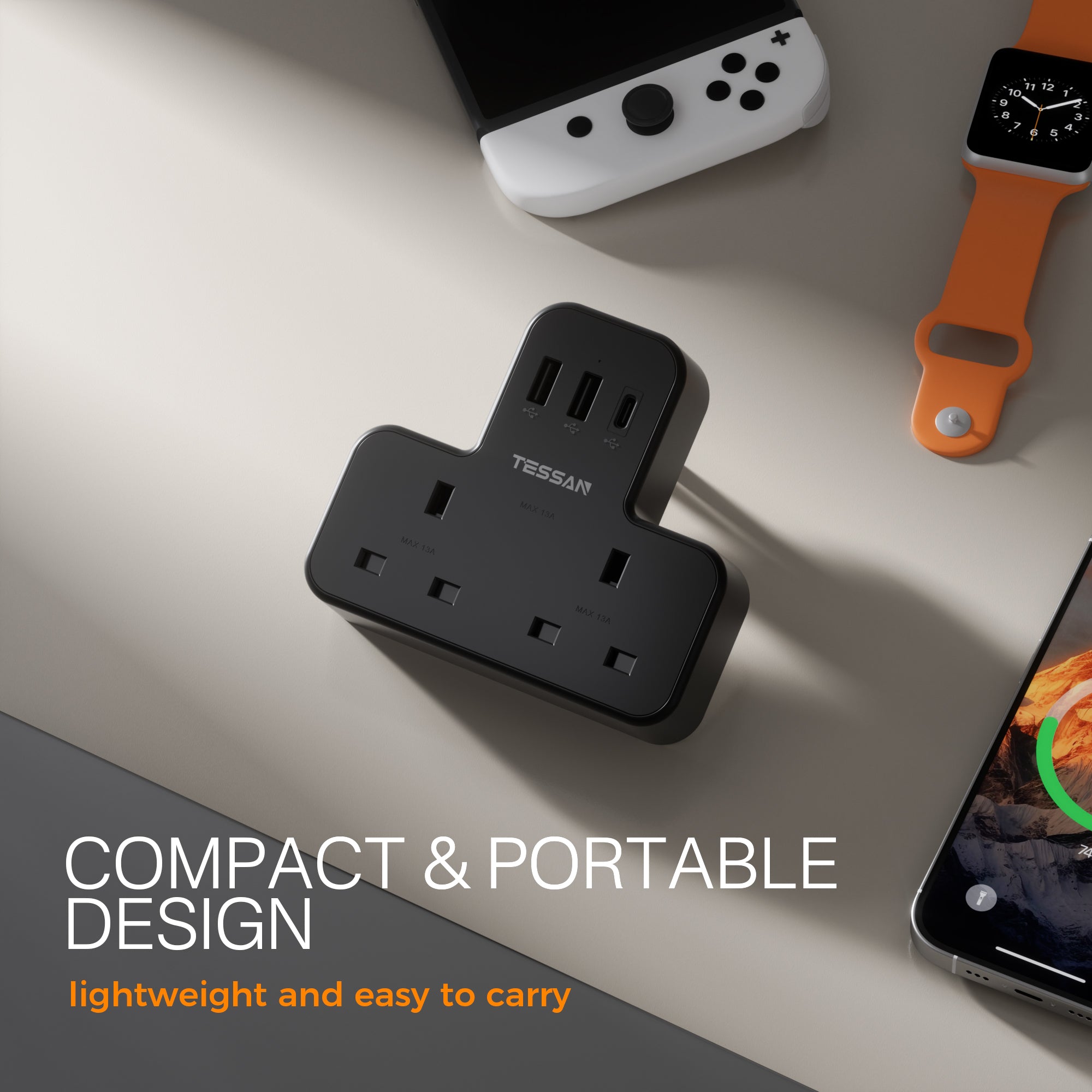 TESSAN - SG Safety Mark 5 in 1 Portable Sockets with USB Ports , Black