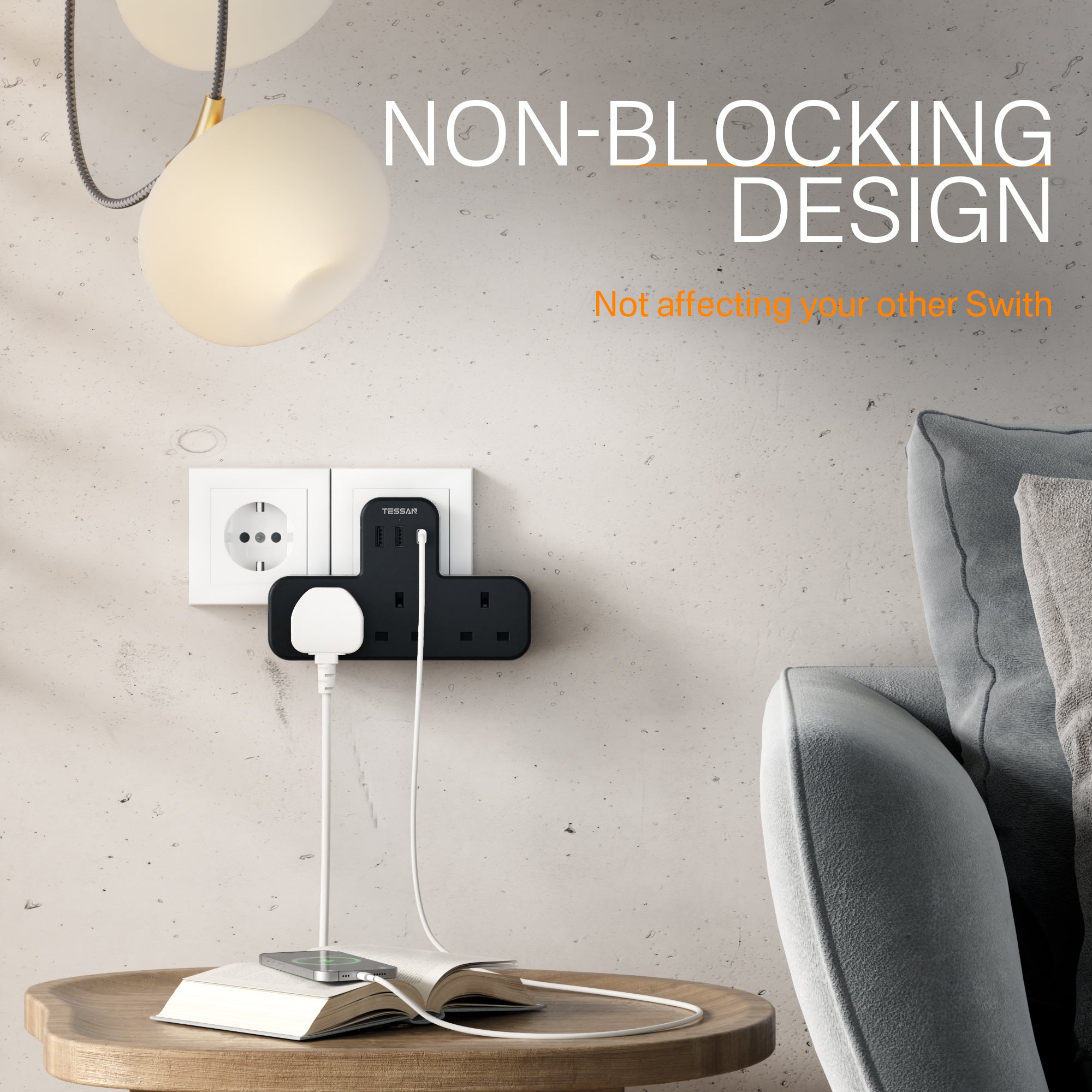 TESSAN - SG Safety Mark 6 in 1 Portable Sockets with USB Ports , Black