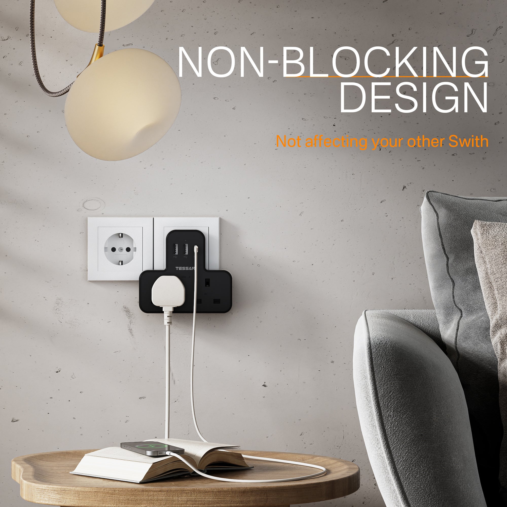 TESSAN - SG Safety Mark 5 in 1 Portable Sockets with USB Ports , Black