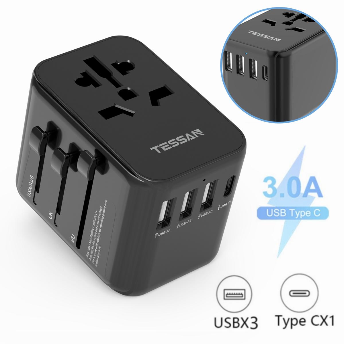 TESSAN - Universal Travel Plug 17W, international Power Adapter with 3 USB Port