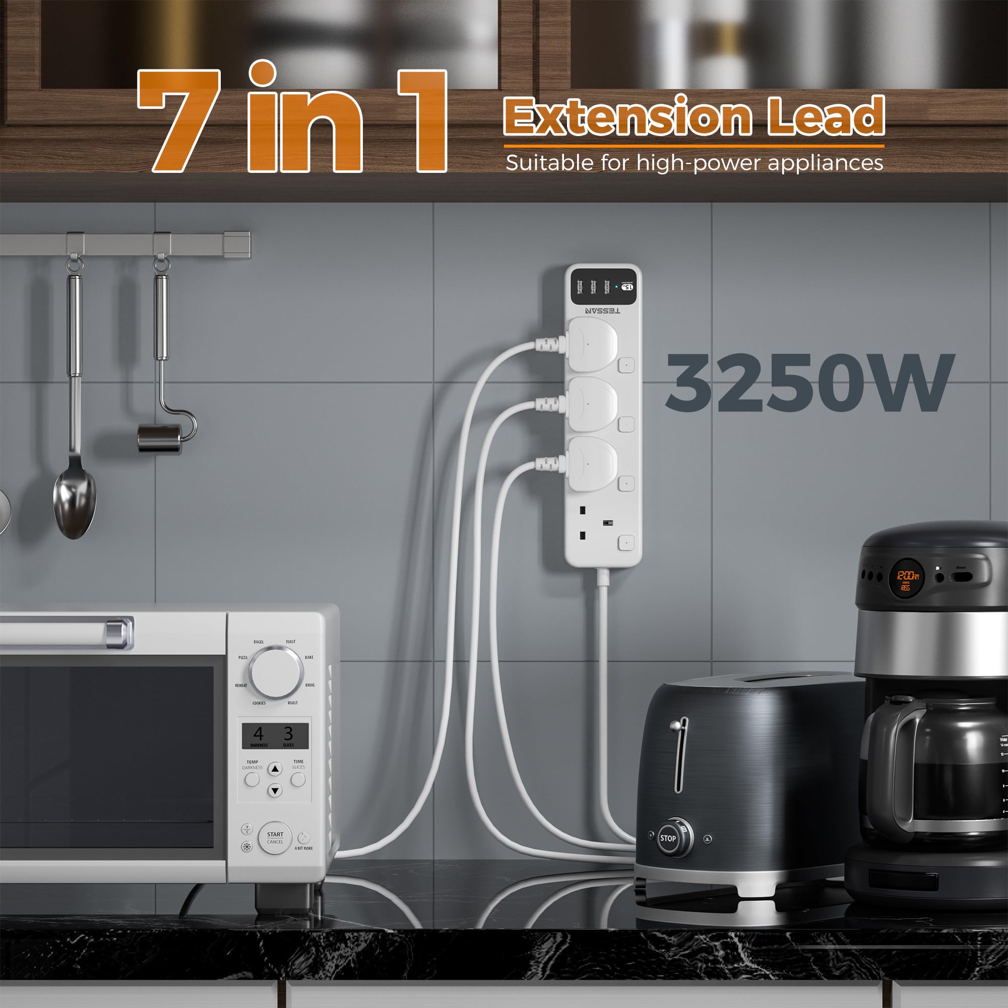 TESSAN - 4 Outlets Extension Cord 13A Individual Switches with 2M Cable and USB-A / B204