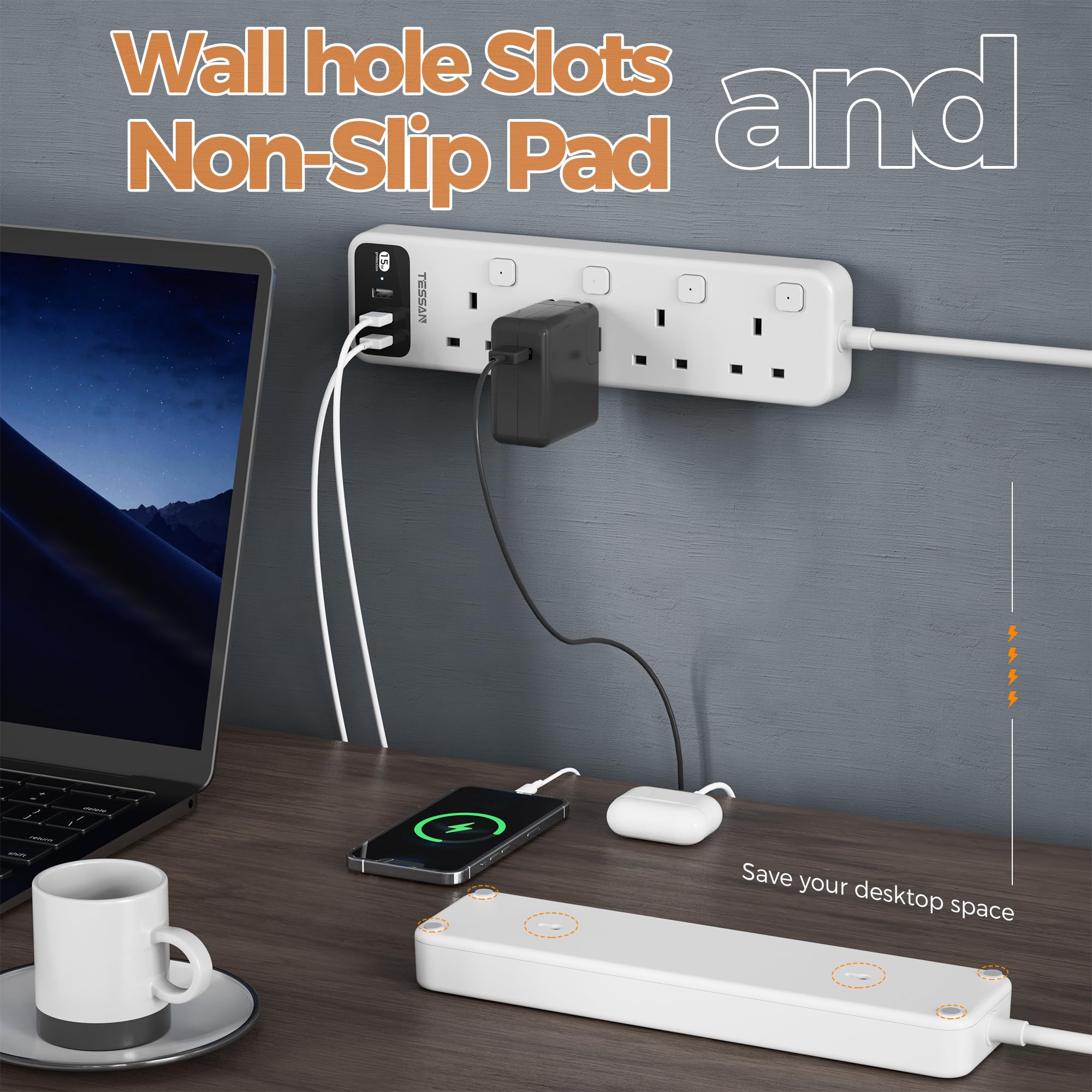 TESSAN - 4 Outlets Extension Cord 13A Individual Switches with 2M Cable and USB-A / B204