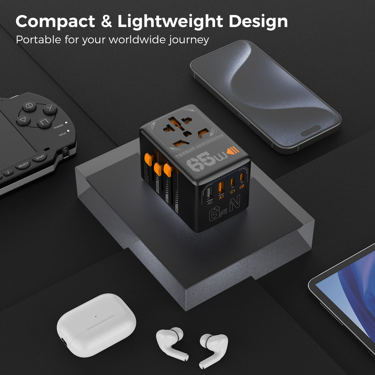 TESSAN - International 65W GaN Plug Adaptor with 2 USB C and 2 USB A Charging Ports