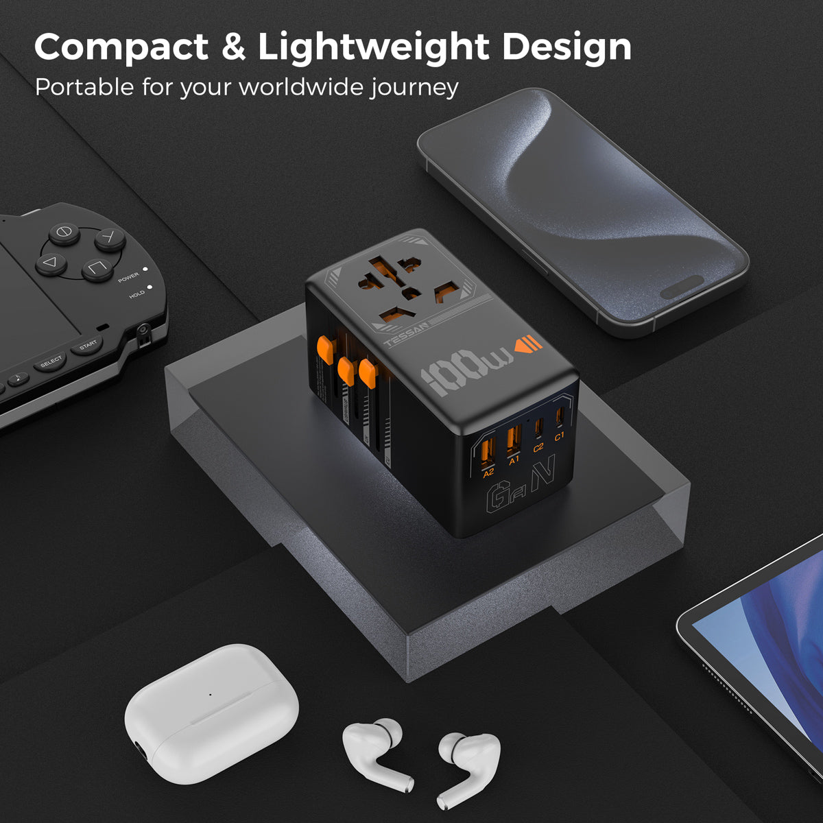 TESSAN - International 100W GaN Plug Adaptor with 2 USB C and 2 USB A Charging Ports , Black