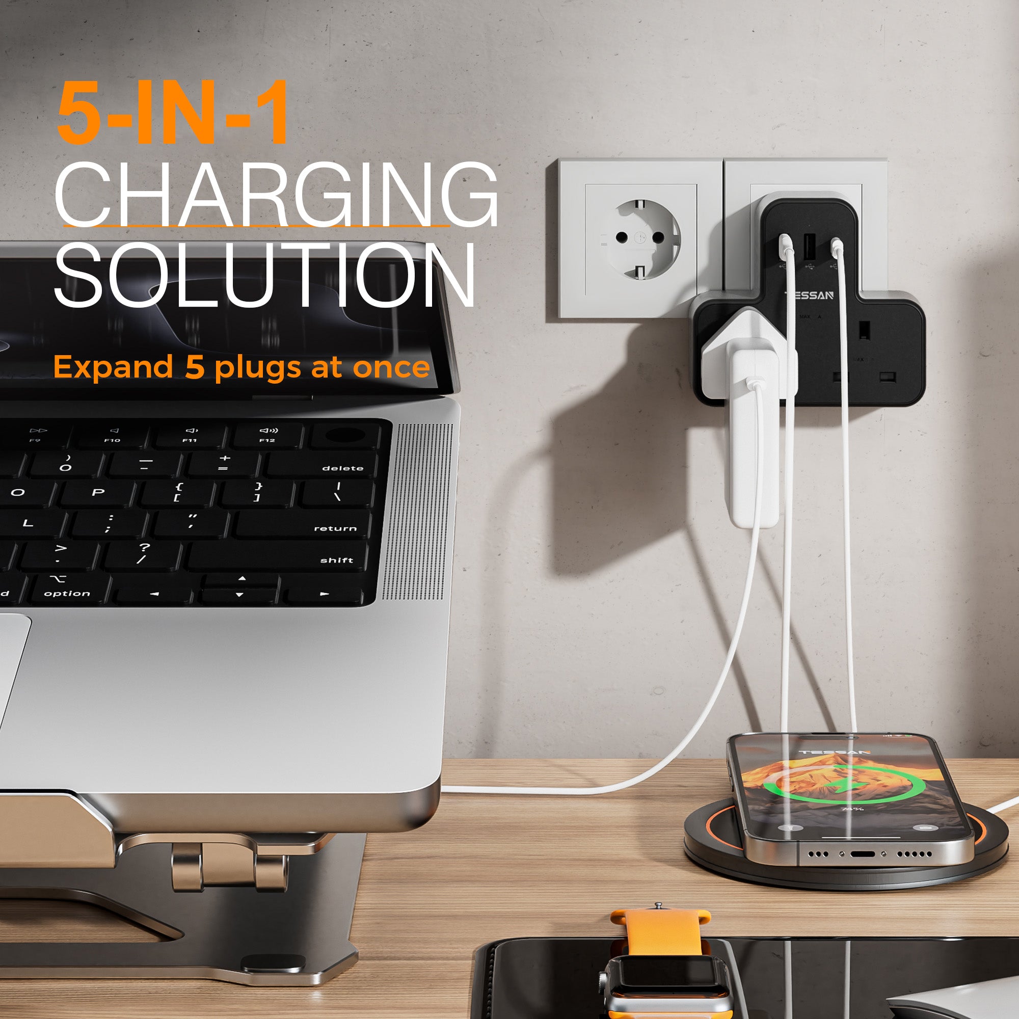 TESSAN - SG Safety Mark 5 in 1 Portable Sockets with USB Ports , Black