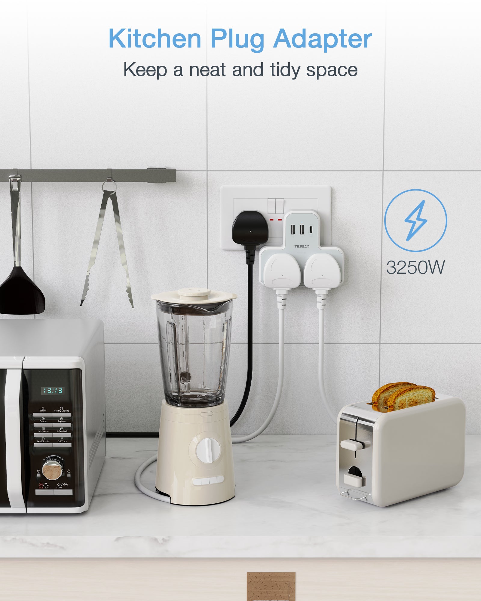 TESSAN - SG Safety Mark 5 in 1 Portable Sockets with USB Ports , White