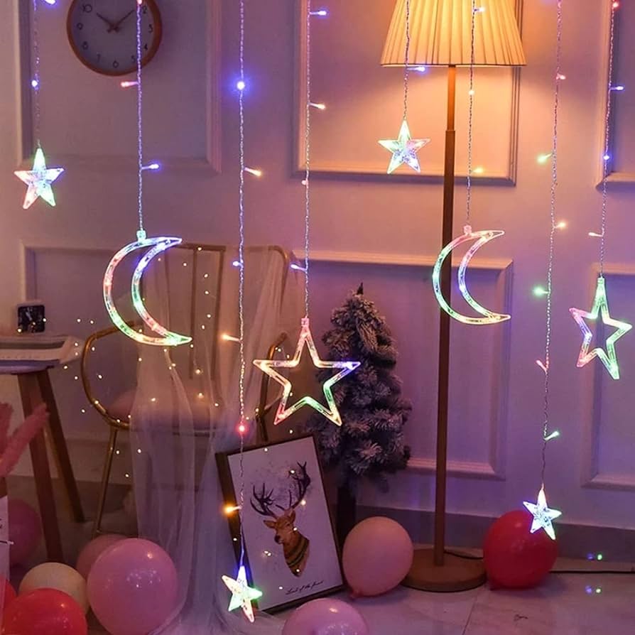 8 Mode, 2.5 Meter Width Stars Moon Led Fairy Curtain Lights, Multi