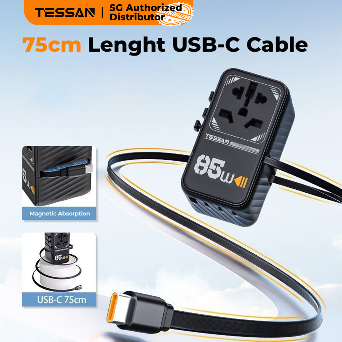 TESSAN - Universal 85W International Travel Adapter with Built-in USB-C 75cm Cable 1A4C / 636EFW 85W