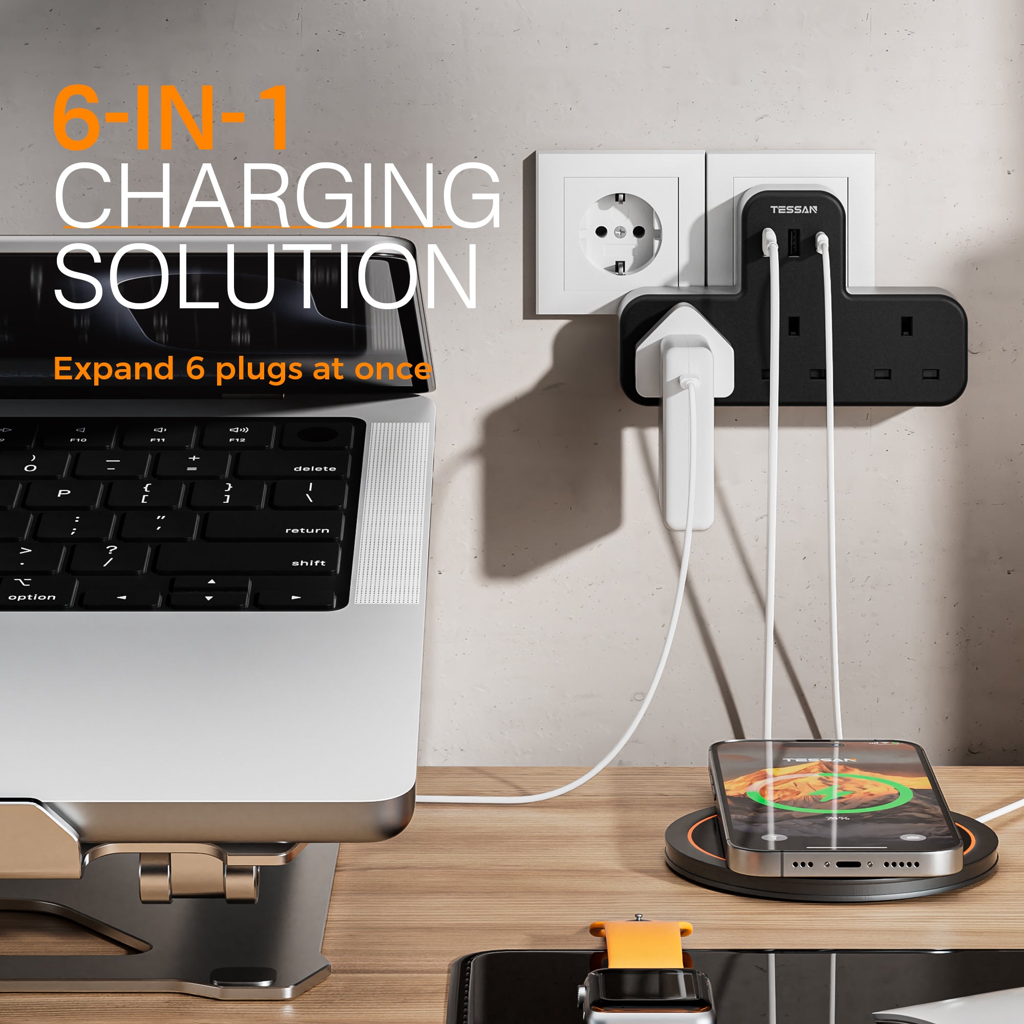 TESSAN - SG Safety Mark 6 in 1 Portable Sockets with USB Ports , Black
