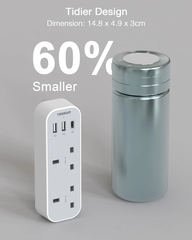 TESSAN - SG Safety Mark Multi Double Plug with 2 USB and 1 C Port , Black