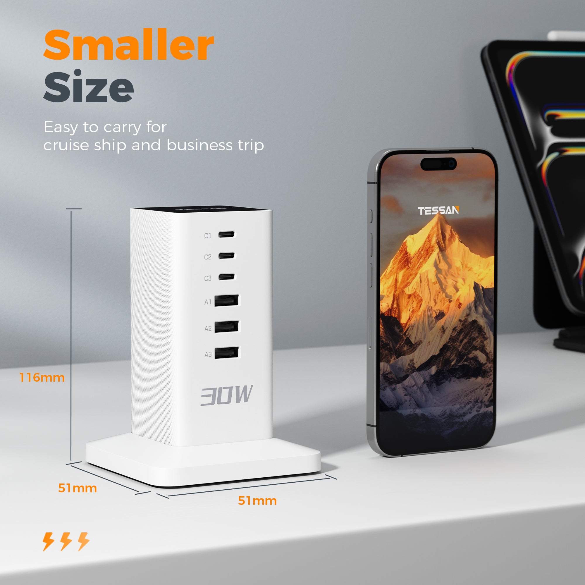 TESSAN - 30W Desktop Charging Station 6-Port Charging Hub With USB C for Multi Devices, White