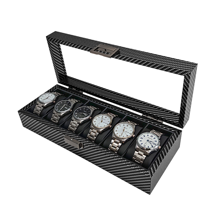 6 slots carbon print wooden watch box with glass lid