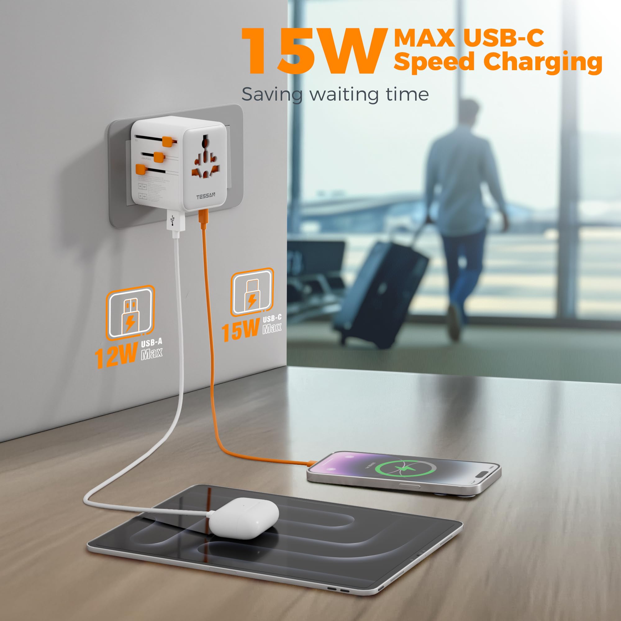 TESSAN - International 28W Plug Adaptor 2 AC with 3 USB C and 2 USB A Charging Ports