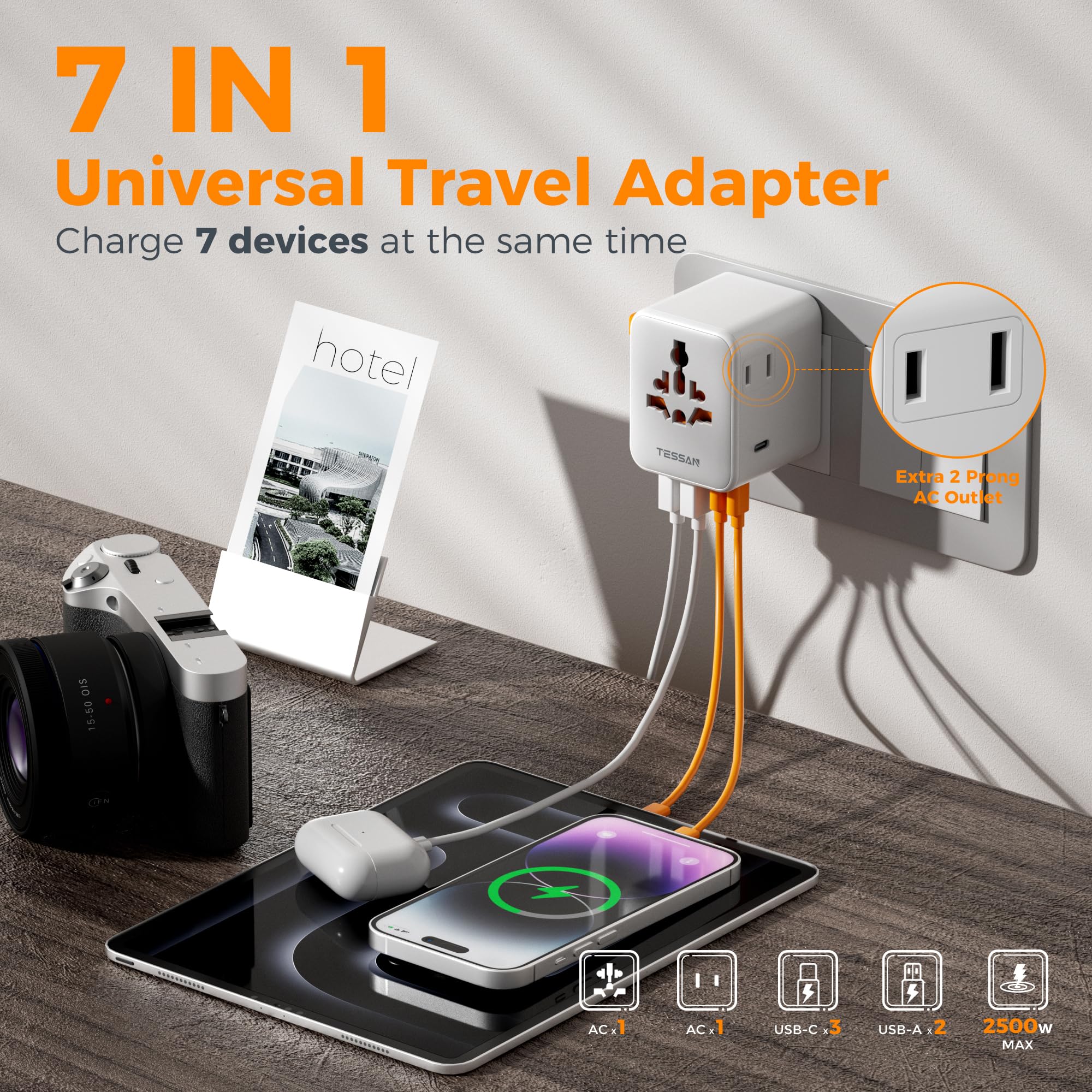 TESSAN - International 28W Plug Adaptor 2 AC with 3 USB C and 2 USB A Charging Ports