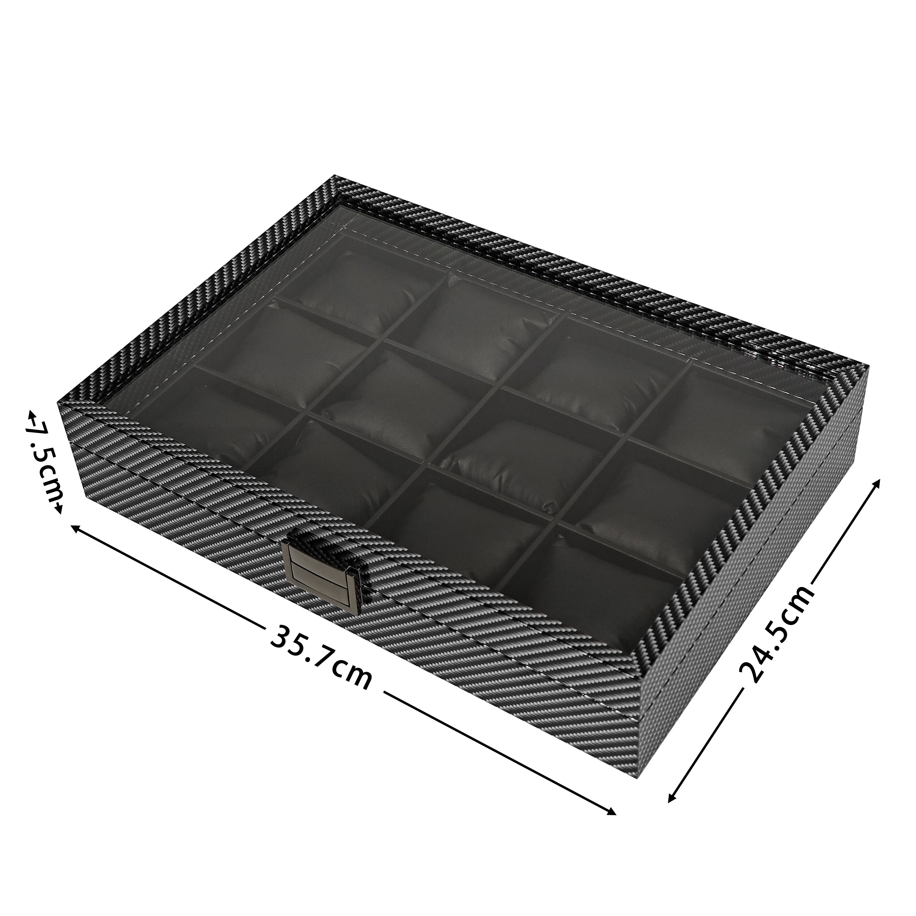 12 Slots Carbon Print Wooden Watch Jewelry Box Soft Cushions