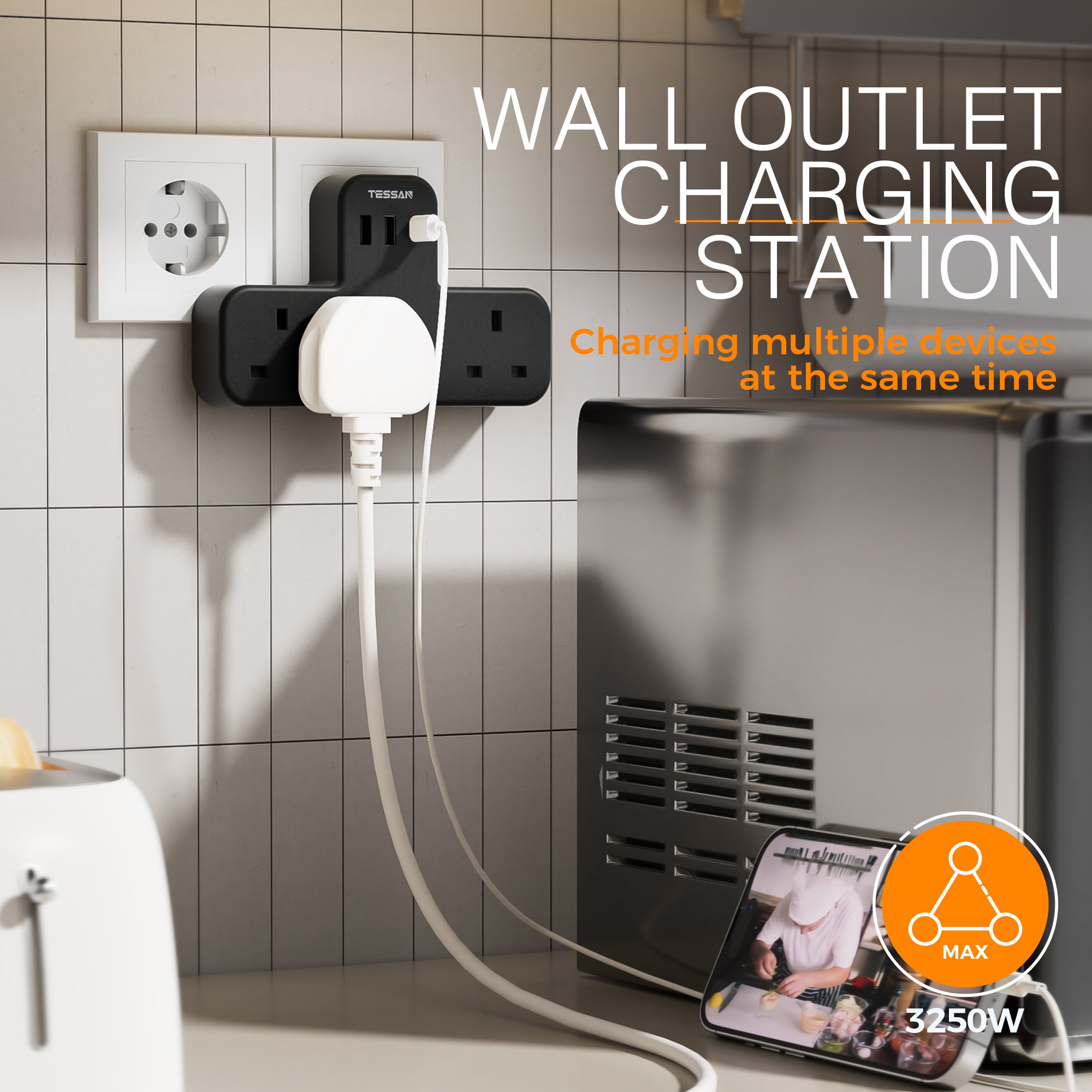 TESSAN - SG Safety Mark 6 in 1 Portable Sockets with USB Ports , Black