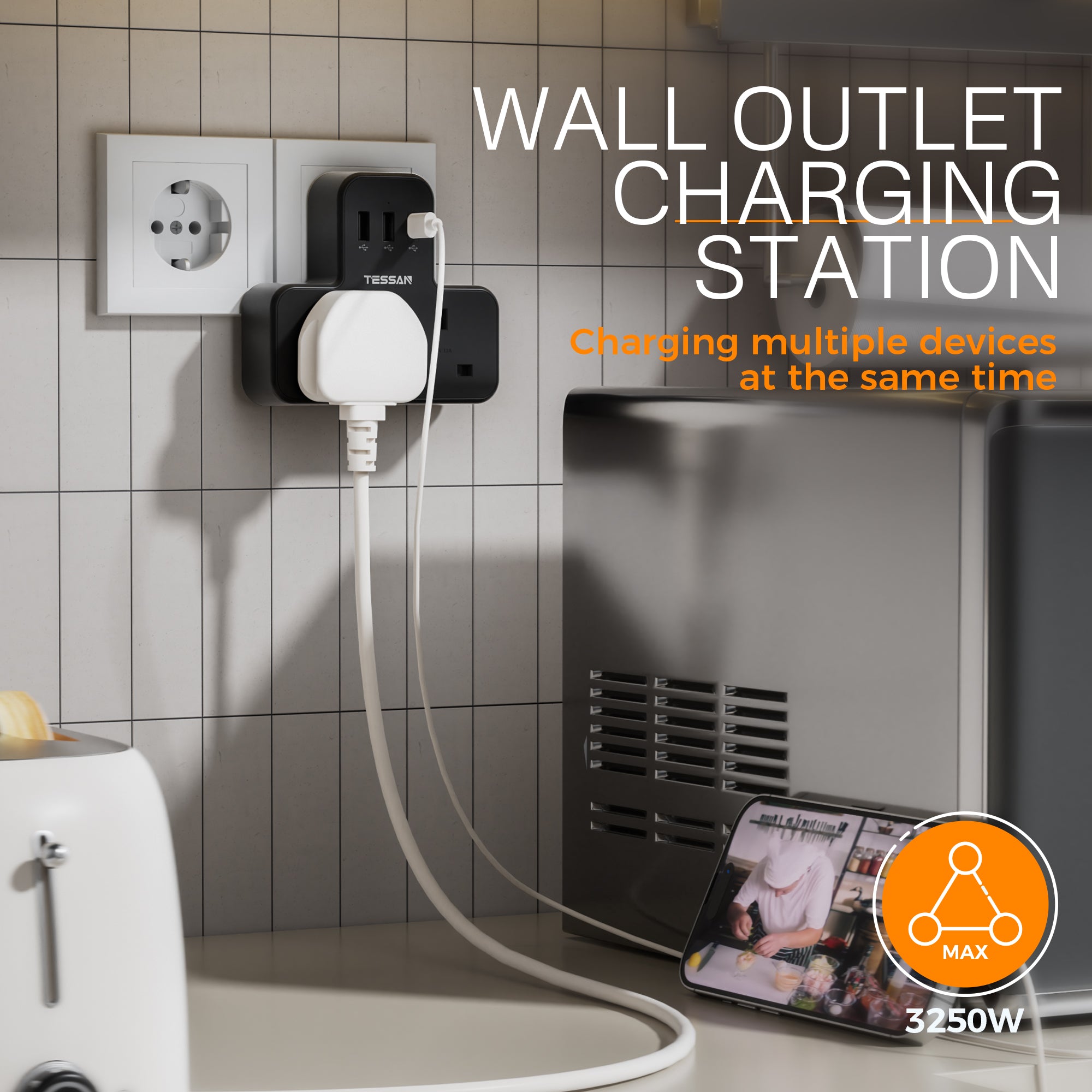 TESSAN - SG Safety Mark 5 in 1 Portable Sockets with USB Ports , Black