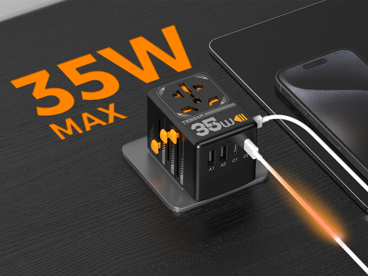 TESSAN - International 35W Plug Adaptor with 2 USB C and 3 USB A Charging Ports