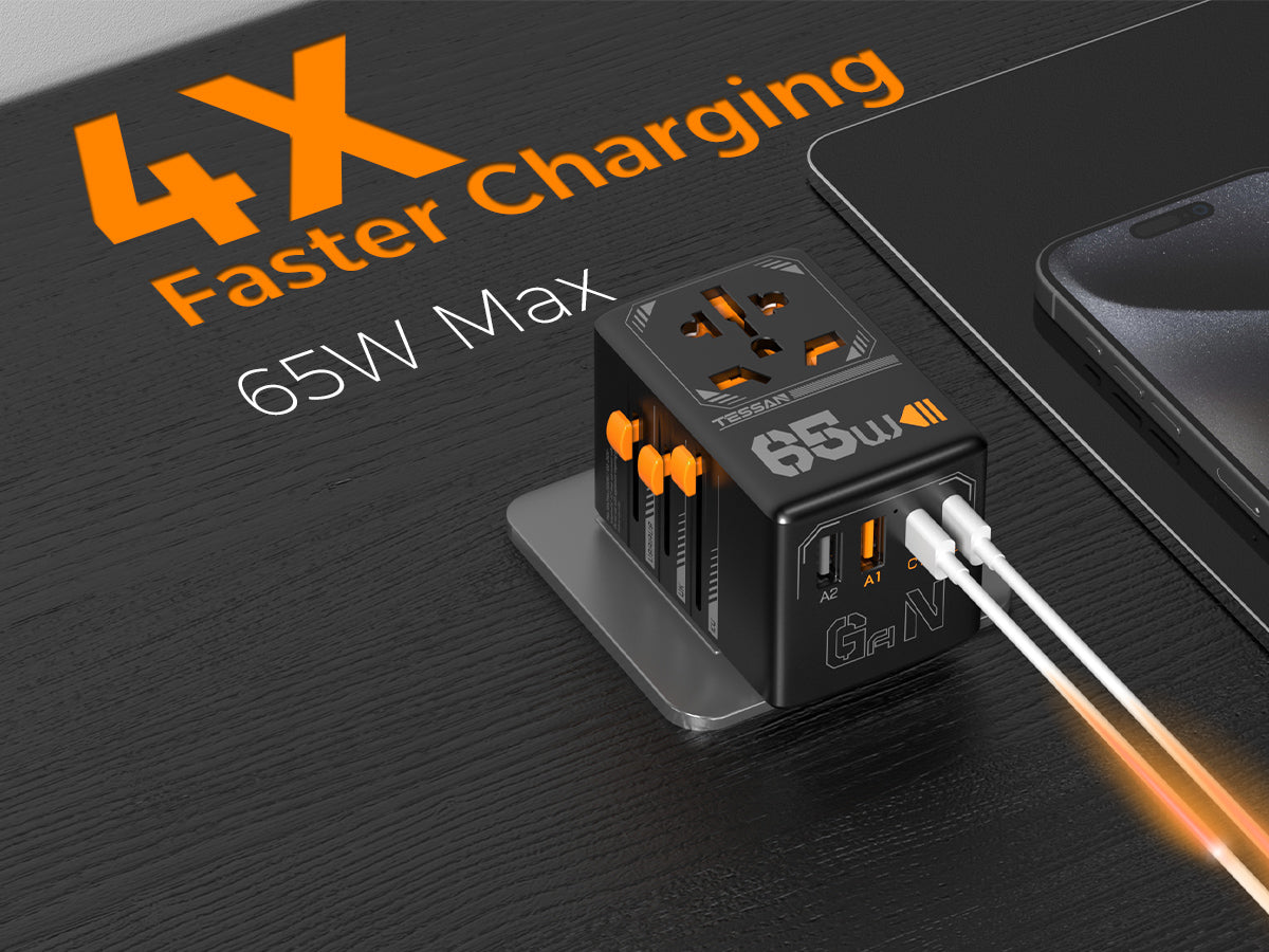 TESSAN - International 65W GaN Plug Adaptor with 2 USB C and 2 USB A Charging Ports